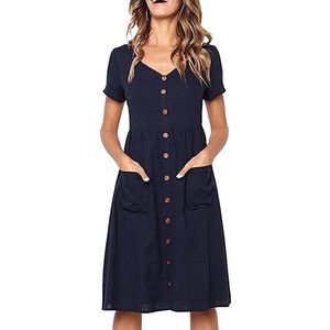 Vintage Navy Blue Midi Dress with Pockets